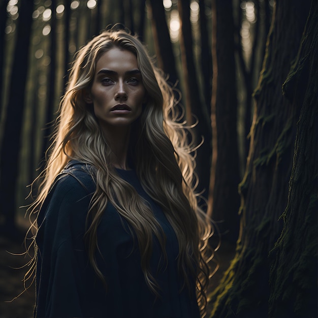 Ragazza bionda con un accappatoio in mezzo a una foresta verde al tramonto