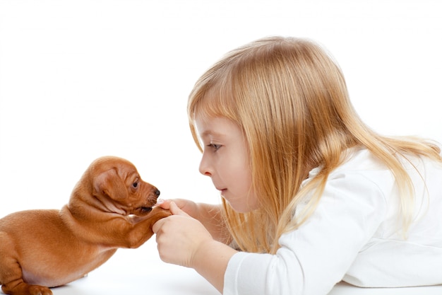 Ragazza bionda dei bambini con il pinscher del cucciolo del cane mini