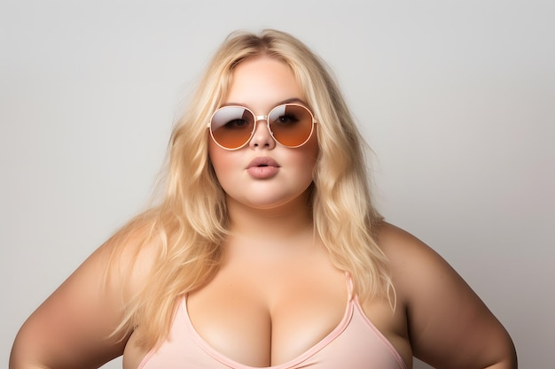 ragazza bionda grassa in due abiti da spiaggia con occhiali da sole