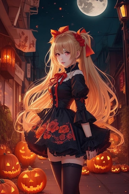 Ragazza bionda incantata di Anime del vestito rosso con il nastro di Halloween