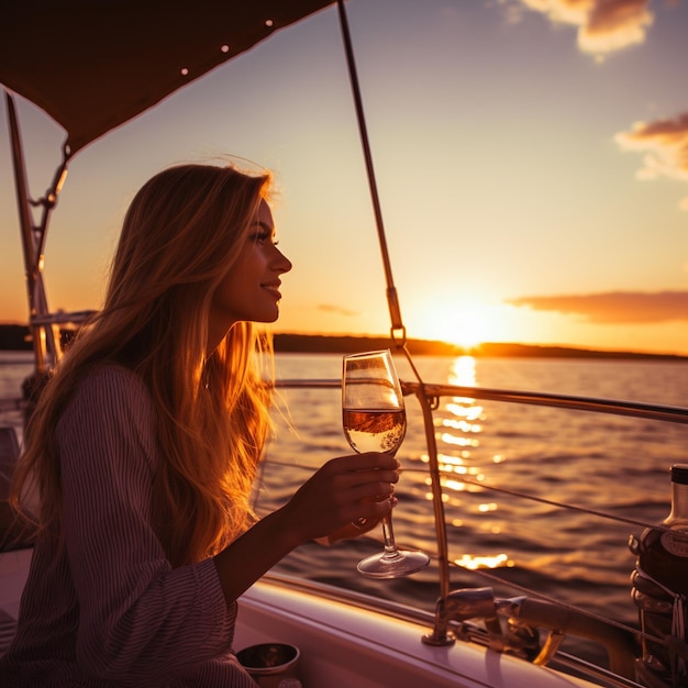 Ragazza bruna che beve un bicchiere di vino al tramonto in uno yacht sull'acqua