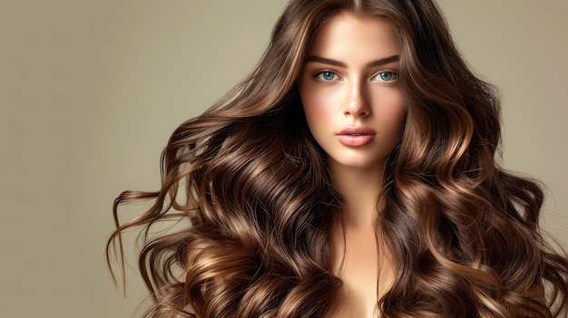 Ragazza bruna con i capelli lunghi e brillanti ondulati Bella modella con i capelli ricci