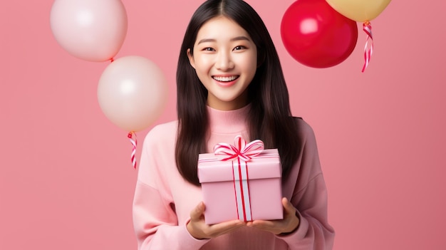 Ragazza bruna felice che tiene in mano una scatola regalo e guarda la telecamera mentre si gode sullo sfondo rosa