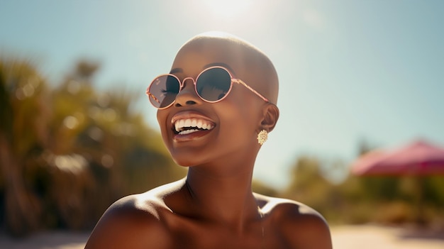 Ragazza calva e scura felice con gli occhiali da sole sulla spiaggia.