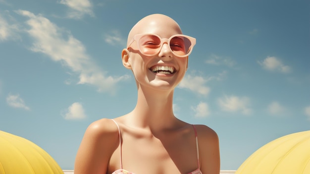 Ragazza calva felice con gli occhiali da sole