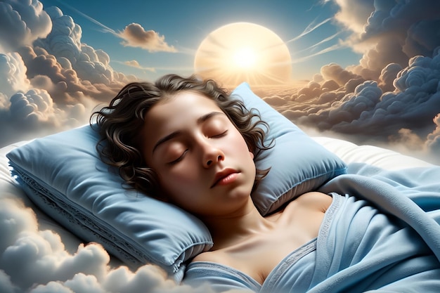 Ragazza carina che dorme su un cuscino sullo sfondo astratto del cielo