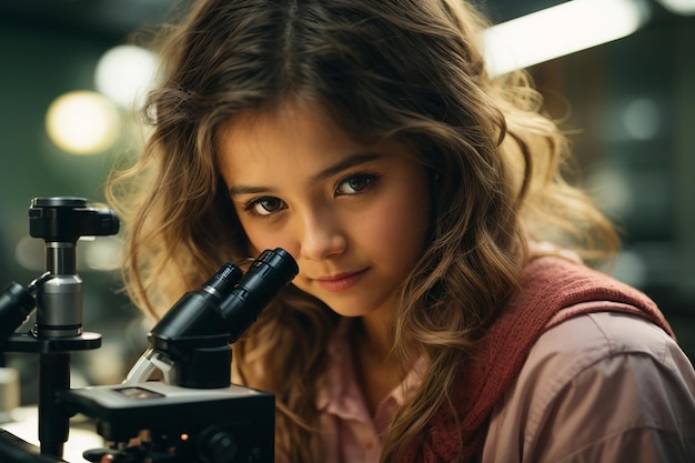 Ragazza carina che guarda attraverso il microscopio