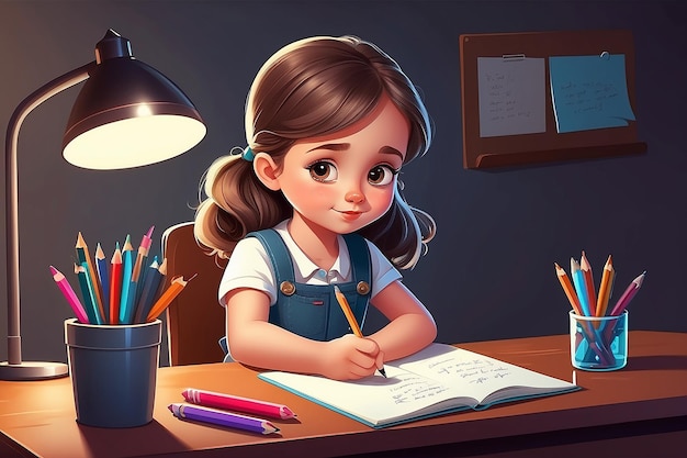 Ragazza carina che scrive e pensa sia felice Illustrazione vettoriale di una ragazzina che scrisse alla sua scrivania