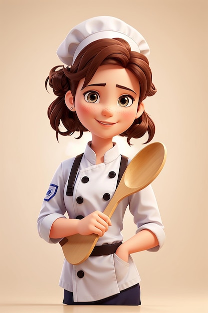 Ragazza carina chef in carattere uniforme che tiene un'illustrazione di arte del fumetto di logo del ristorante di cibo Turner