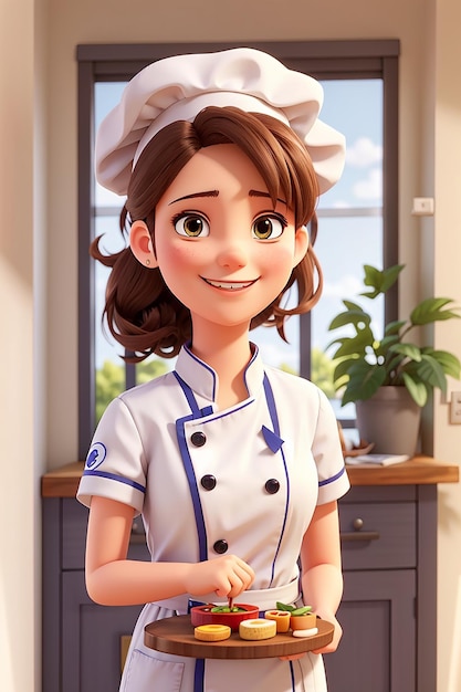 Ragazza carina chef sorridente in uniforme che accoglie e invita i suoi ospiti illustrazione di arte del fumetto