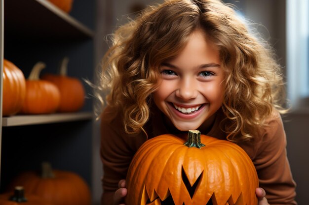 Ragazza carina di 9 anni in costume da strega in una vecchia casa per Halloween con una zucca Il conc