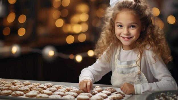 ragazza carina divertente felice cuocere biscotti di Natale in cucina accogliente a casa