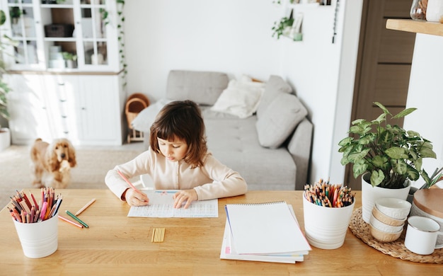 Ragazza carina in età prescolare che impara a casa Apprendimento a distanza di homeschooling per i bambini