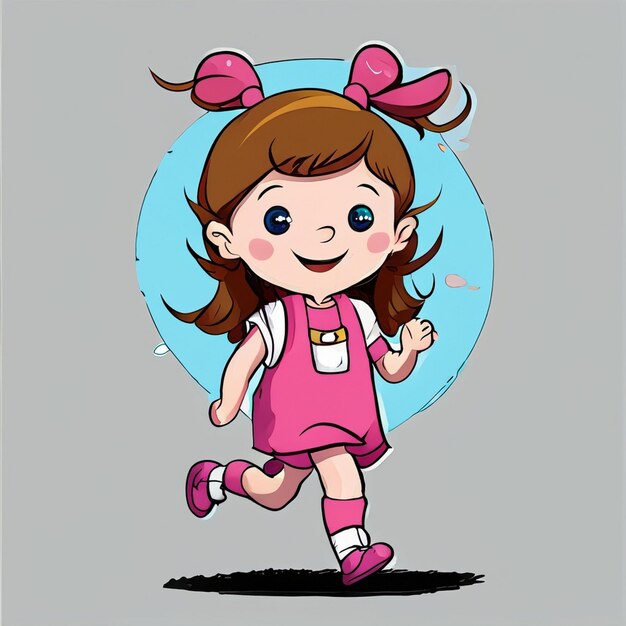 Ragazza carina in grembiule scuola rosa che gioca e corre a scuola
