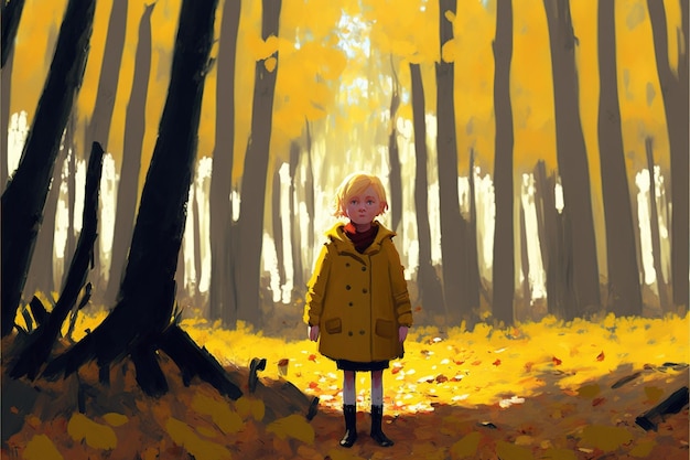 Ragazza carina in piedi nella foresta magica da sola Giovane ragazza in piedi nella foresta autunnale pittura di illustrazione in stile arte digitale