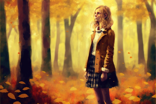 Ragazza carina in piedi nella foresta magica da sola Giovane ragazza in piedi nella foresta autunnale pittura di illustrazione in stile arte digitale