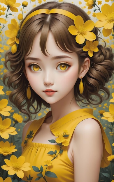 Ragazza carina in stile anime cartoon con fiori gialli da figura stilizzata