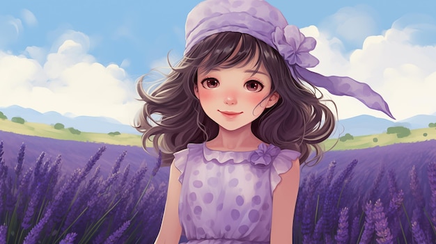 Ragazza carina in un campo di lavanda Illustrazione per bambini