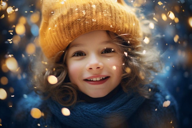 Ragazza carina la notte di Natale Bambino nelle vacanze invernali evento su sfondo di luci festive Abbigliamento per bambini