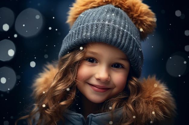 Ragazza carina la notte di Natale Bambino nelle vacanze invernali evento su sfondo di luci festive Abbigliamento per bambini