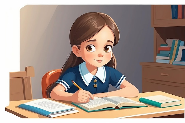 Ragazza carina seduta alla scrivania e che legge un libro studente di scuola elementare in uniforme vettoriale Illustrazione isolata su uno sfondo bianco