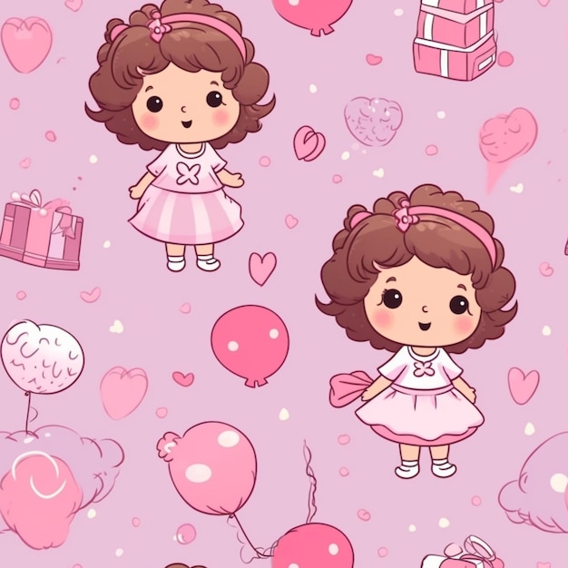 ragazza cartone animato con palloncini e regali su uno sfondo rosa ai generativo