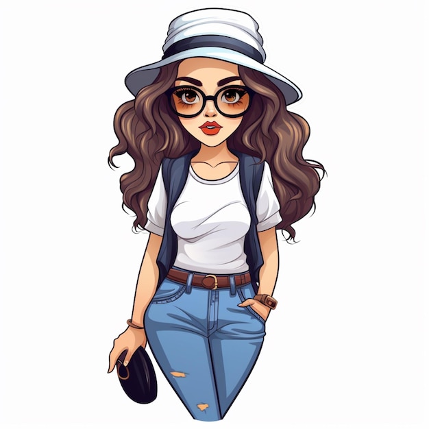 ragazza cartone animato con un cappello e occhiali con una borsa ai generativa