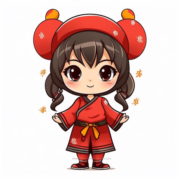 ragazza cartone animato in abito kimono rosso con un cappello rosso ai generativa