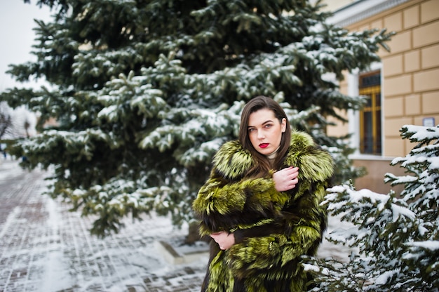 Ragazza castana in pelliccia verde al giorno di inverno contro il pino nevoso.