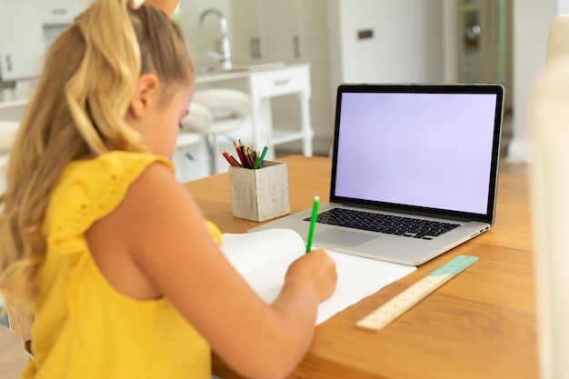 Ragazza caucasica che utilizza un computer portatile con schermo vuoto a casa. stile di vita domestico e istruzione online durante il concetto di pandemia covid 19.