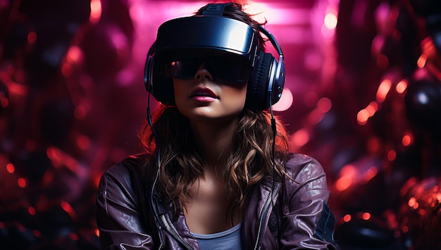 Ragazza caucasica con lunghi capelli ricci che indossano cuffie e occhiali per realtà virtuale Primo piano Sfondo sfocato rosa IA generativa