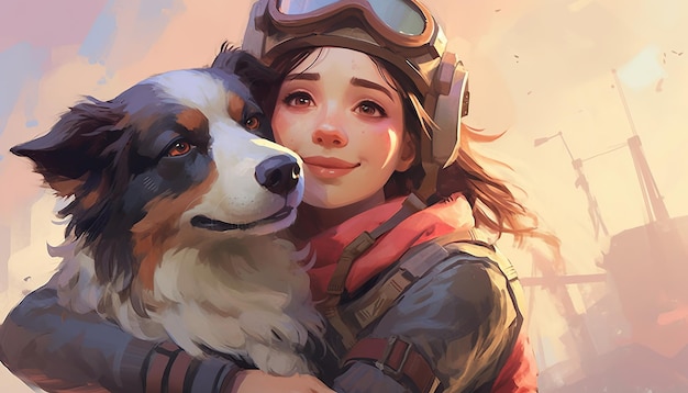 ragazza che abbraccia il casco con il suo cane border collie nello stile di anime art vray scoutcore