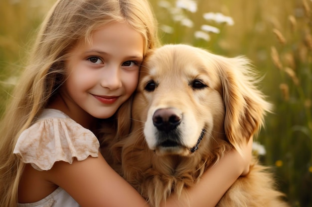 Ragazza che abbraccia un golden retriever