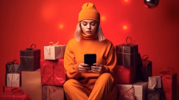 Ragazza che acquista online utilizzando lo smartphone sull'idea di sfondo del Cyber Monday