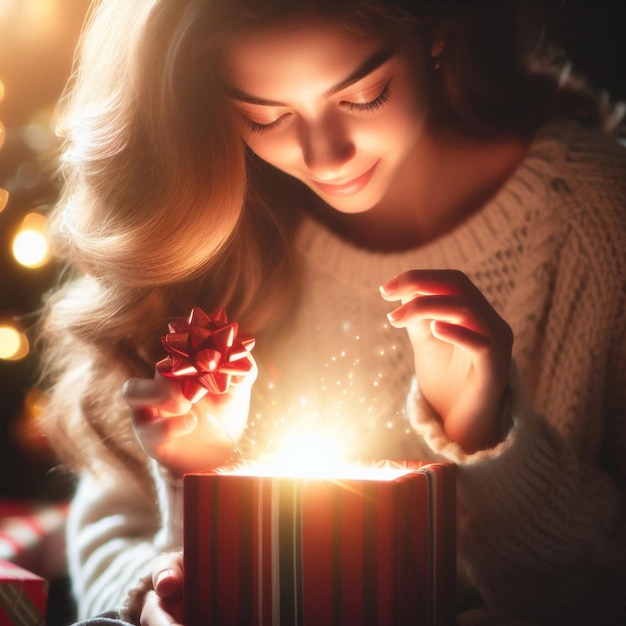 Ragazza che apre il regalo di Natale Immagini di sfondo di Natale