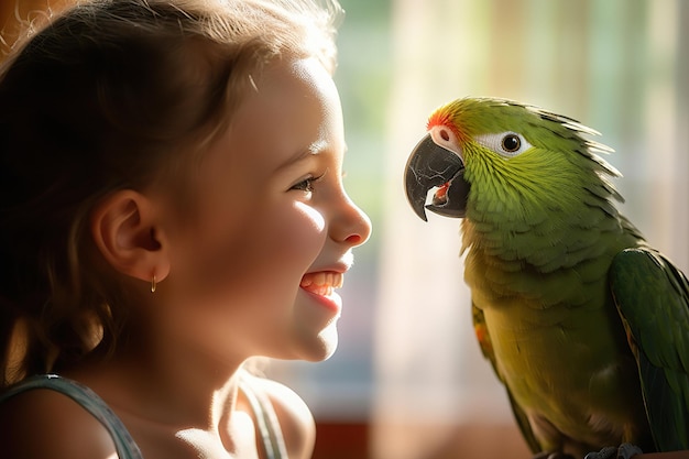 Ragazza che ascolta attentamente il suo pappagallo domestico mentre chiacchierano durante una mattinata luminosa