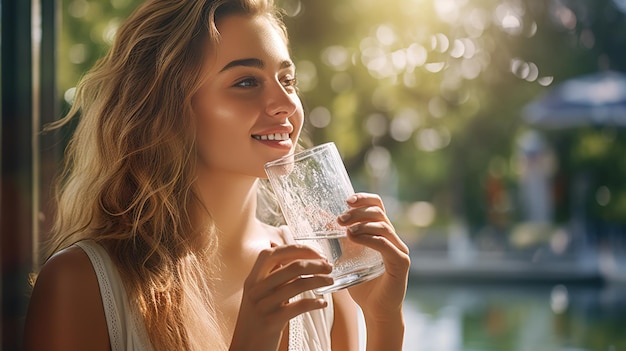 Ragazza che beve acqua una donna che beve l'acqua da un bicchiere all'aperto al parco Immagine di acqua potabile per una buona salute spazio di copia per il testo