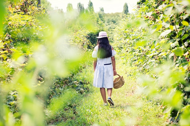 Ragazza che cammina attraverso una piantagione di more