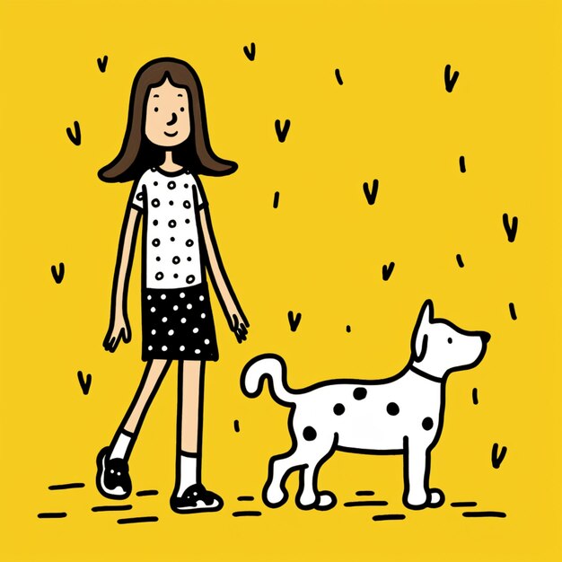 Ragazza che cammina e cane disegno di personaggio clipart illustrazione AI Immagine generata