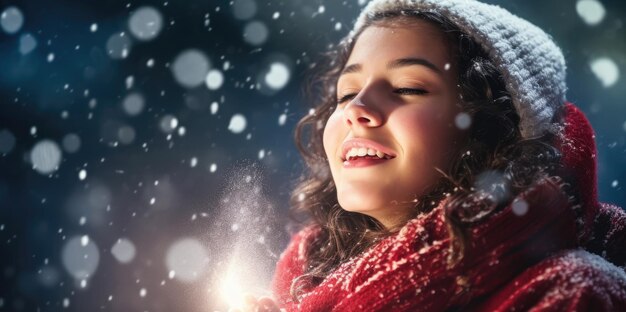 Ragazza che cammina nella neve la vigilia di Capodanno