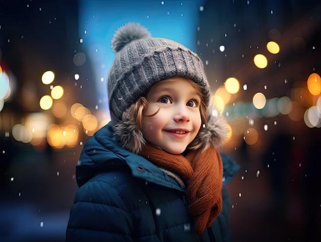 Ragazza che cammina per strada in abiti da inverno con luci di Natale in stile bokeh sullo sfondo