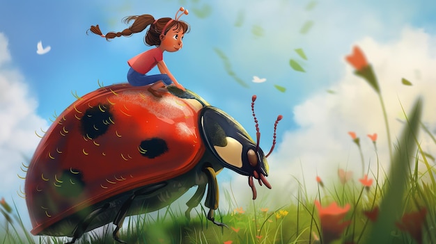 Ragazza che cavalca una coccinella Illustrazione per bambini