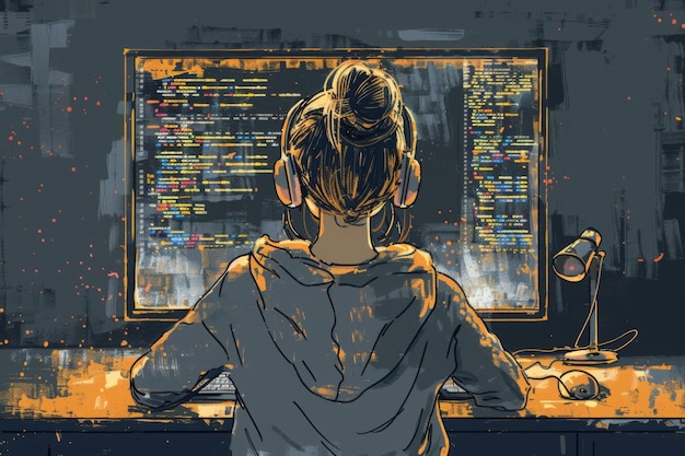 Ragazza che codifica alla scrivania L'illustrazione digitale moderna su sfondo bianco abbraccia la tecnologia