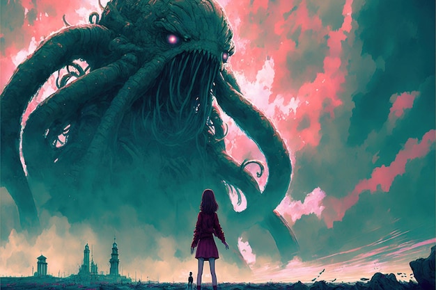 Ragazza che combatte con il mostro gigante Scena fantascientifica di una ragazza che affronta il mostro gigante con tentacoli Pittura illustrativa in stile arte digitale