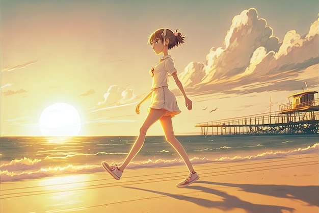 Ragazza che corre a piedi nudi sulla spiaggia all'alba stile arte digitale illustrazione pittura concetto di fantasia di una ragazza che corre