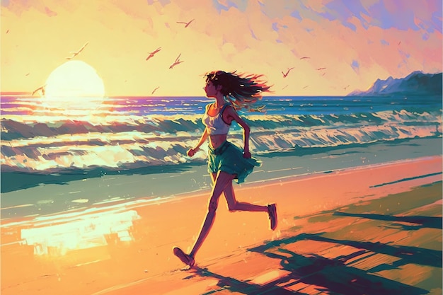 Ragazza che corre a piedi nudi sulla spiaggia all'alba stile arte digitale illustrazione pittura concetto di fantasia di una ragazza che corre