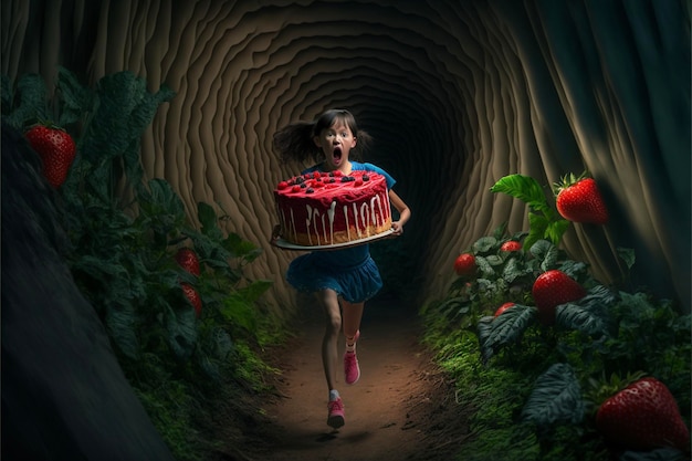 Ragazza che corre attraverso un tunnel con una torta in mano ai generativa