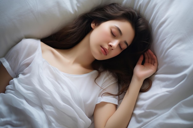 Ragazza che dorme a letto con il cuscino e la coperta bianchi