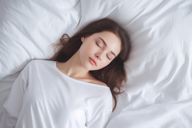 Ragazza che dorme a letto con il cuscino e la coperta bianchi