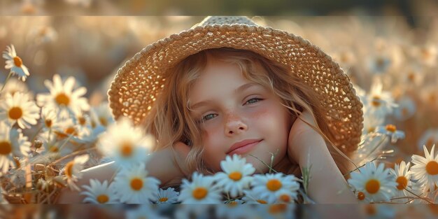 Ragazza che dorme in un campo di margherite